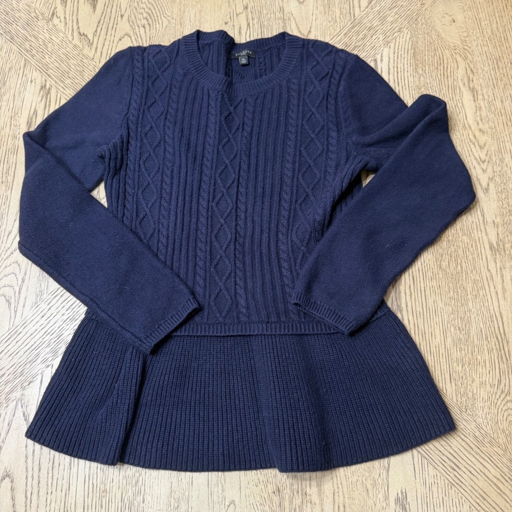 Talbots Petites Medium Petite Navy Blue Long Sleeve Cable Knit Peplum Sweater